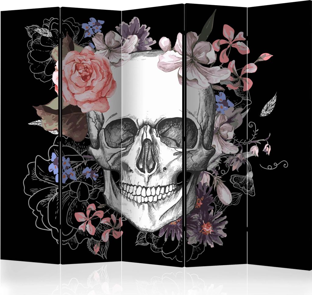5-teiliger Doppelseitiger Vlies Paravent - Skull and Flowers II 225x172 cm n-B-0029-z-c