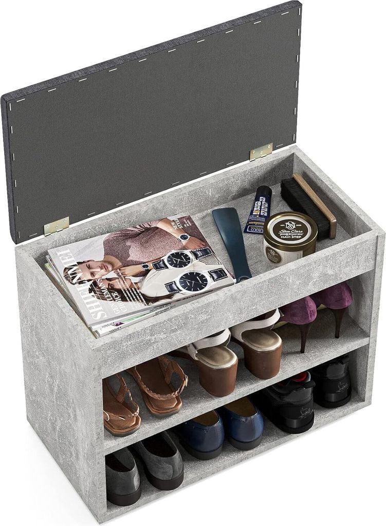 KOMTO Schuhbank mit Sitzfläche - Schuhregal Bank mit Stauraum Kleiner Schuhschrank mit Sitzbank Flur Bank Garderobenbank Sofia 60x48x32 cm Beton