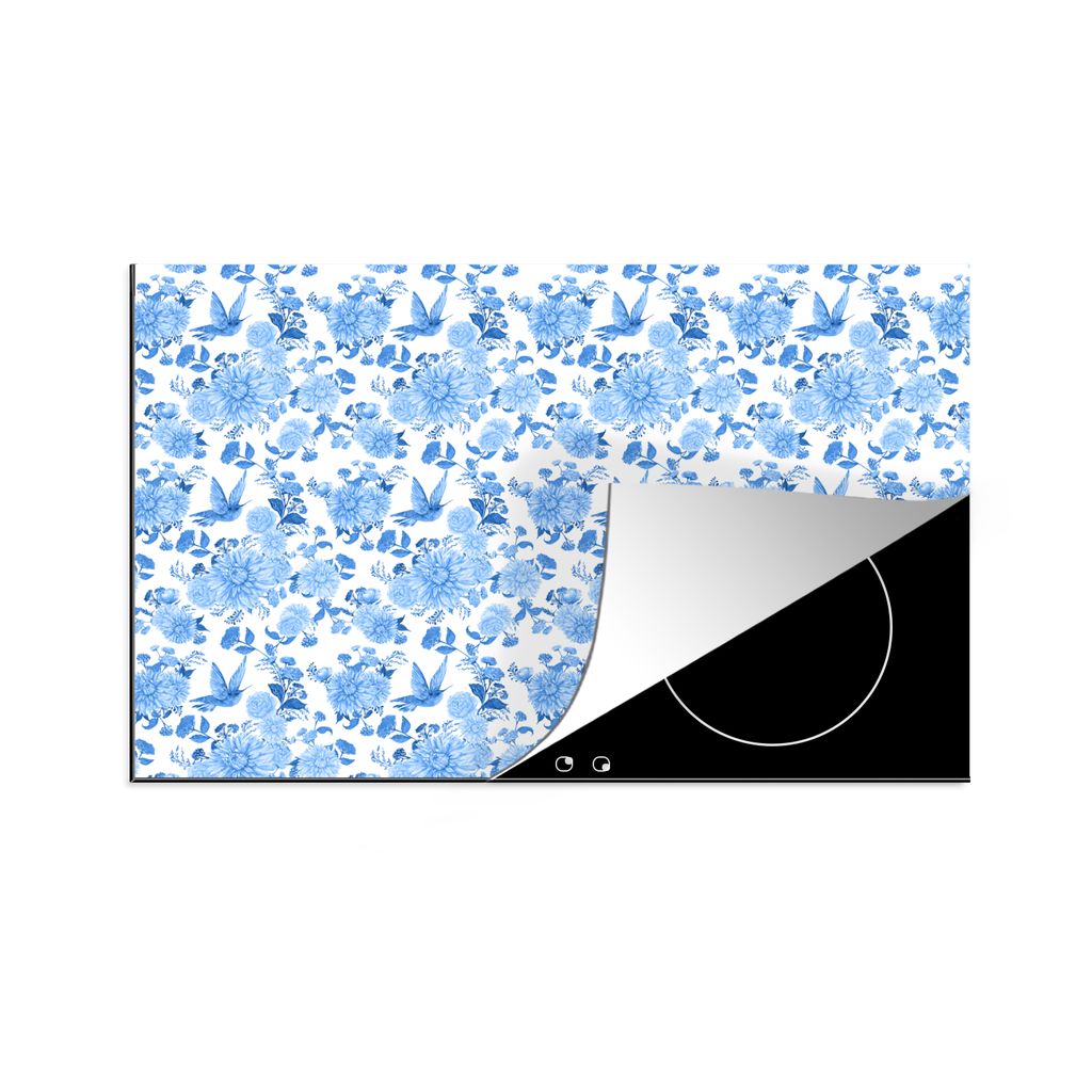 KitchenYeah Herdabdeckplatte Blumen - Muster - Blau , 80x52cm, Küche Deko, Glaskeramikkochfeld Herdabdeckung, Abdeckplatte fùr Kochfeld
