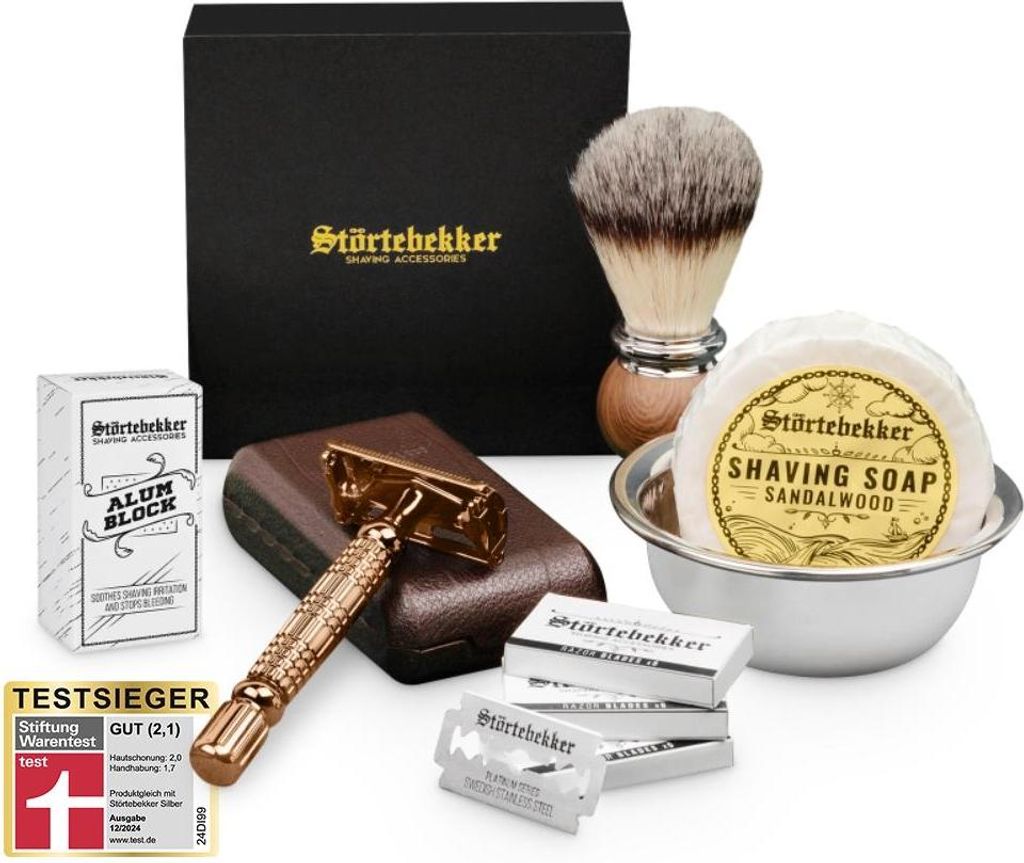 Störtebekker Premium Rasierset - Rasierhobel Rosé - Gold – inkl. Echtlederetui (Café) - Rasierseife Sandelholz-Duft - Rasurset / Bartpflege Set