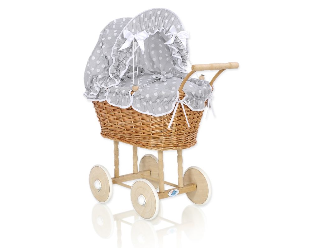 MY SWEET BABY Puppenwagen aus Naturfaser mit grauer Bettwäsche und Holzrädern