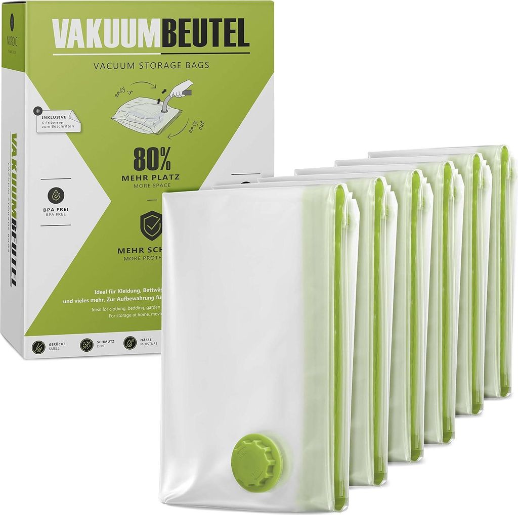NORDIC - Vakuumbeutel für Kleidung 6x Größe XL (100x80cm) BPA Frei Inkl. Etiketten Vakuum Aufbewahrungsbeutel Bettdecken Vacuum Bags