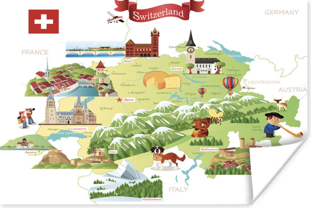 MuchoWow Poster Illustrierte Karte der Schweiz 80x60 cm - Kunst für zu Hause