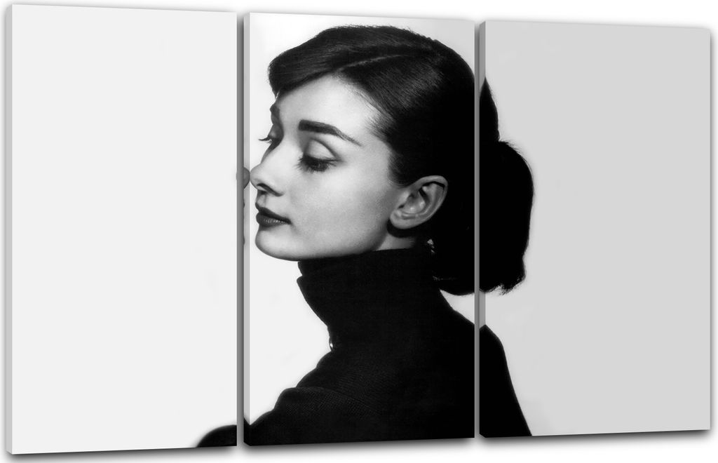 Leinwandbild 3-teilig (120x80cm): Audrey Hepburn nachdenklich Nahaufnahme von links, echter Holz-Keilrahmen inkl. Aufhänger, handgefertigt in Deut...