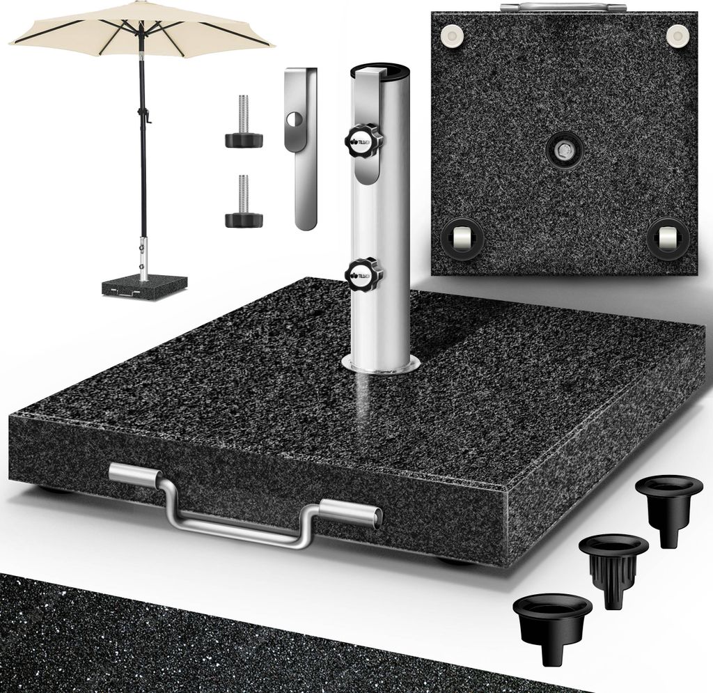 tillvex Granit Sonnenschirmständer mit Rollen & Transportgriff Anthrazit - 27 kg Eckig | Schirmständer Sonnenschirm mit Edelstahlrohr | Balkons...