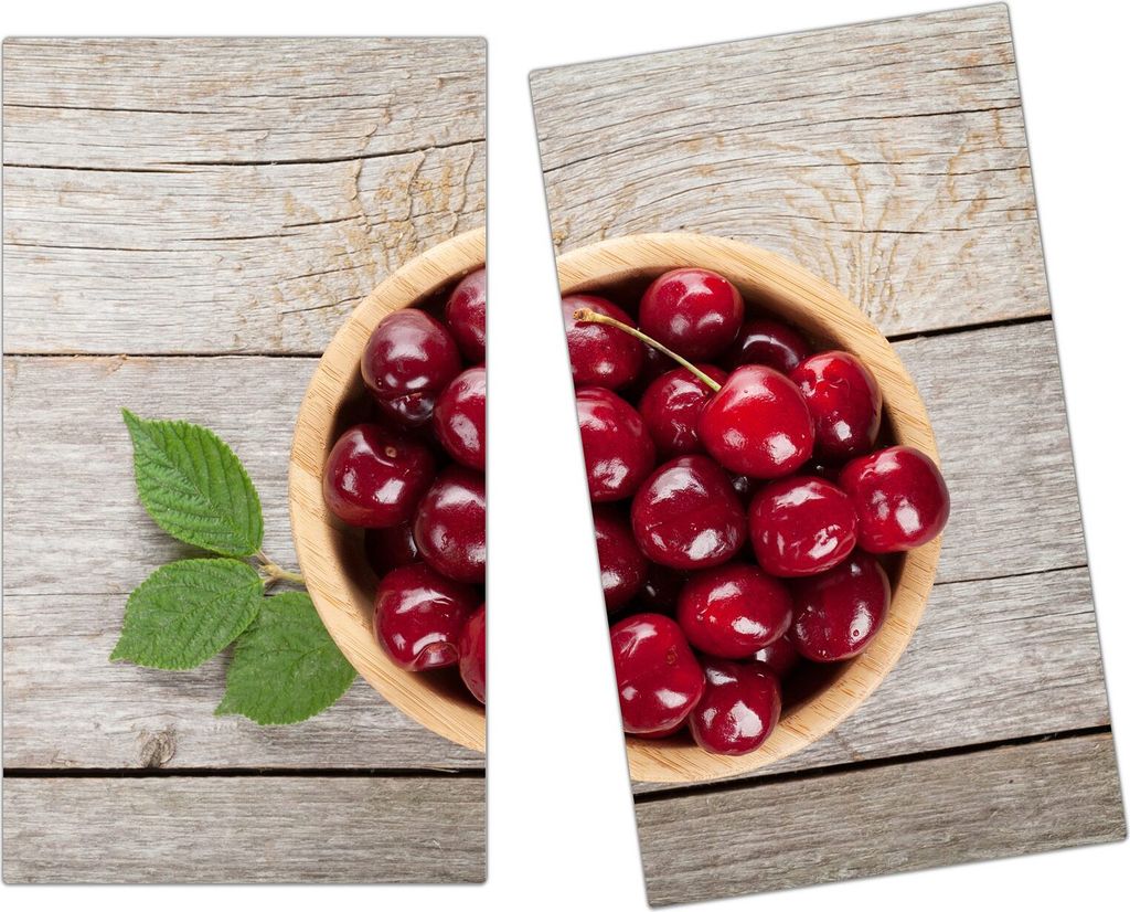Spritzschutz Herdabdeckplatte Schneidebrett aus Glas Kirschen in Schale 2-Teilig (60x52cm)