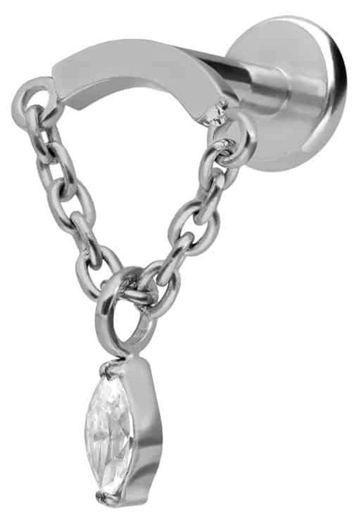 Ohrpiercing, Nasenpiercing Titan Labret mit Innengewinde BOGEN + KETTE + KRISTALLTROPFEN Silber Stablänge: 10mm | Stabstärke: 1,2mm | Discgröße...