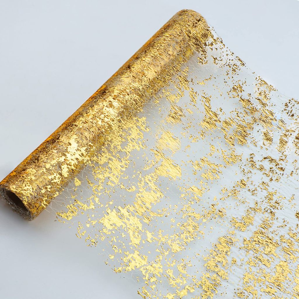 2 Stück goldener Tischläufer, Pailletten-Glitzerfolie, metallisches Gold, dünne Netz-Tischläuferrolle, 27,9 x 296,2 cm, goldene Tischdekoration...