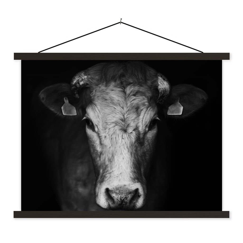 MuchoWow Textilposter Tiere - Kuh - Schwarz - Weiß - Kuhkopf 60x45 cm mit schwarzem Rahmen - Poster Schlafzimmer