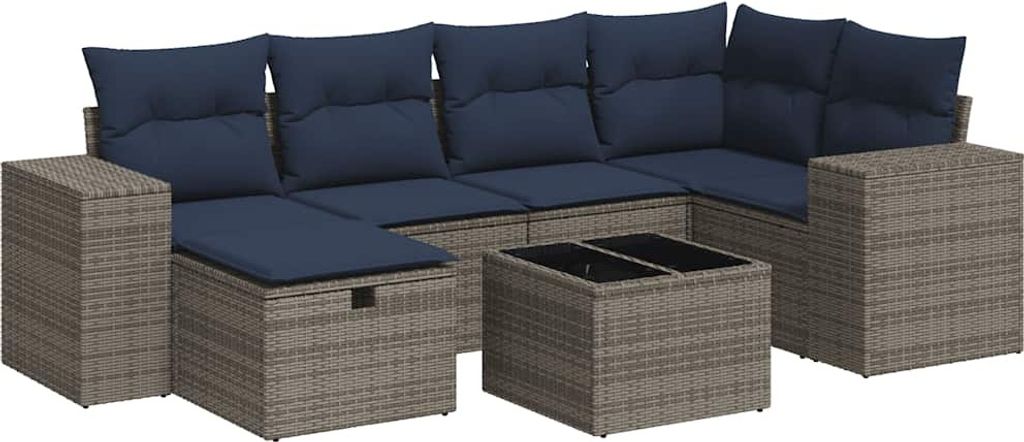 7-tlg. Garten-Sofagarnitur mit Kissen Grau Poly Rattan