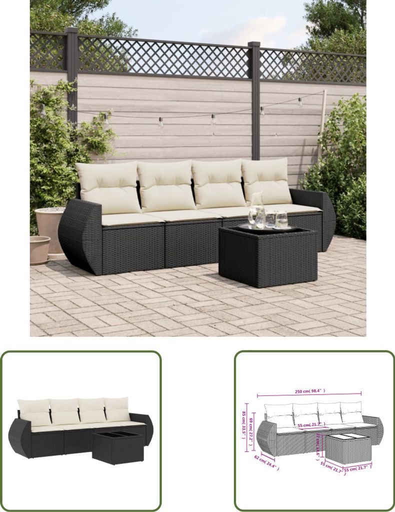 The Living Store 5-tlg. Garten-Sofagarnitur mit Kissen Schwarz Poly Rattan