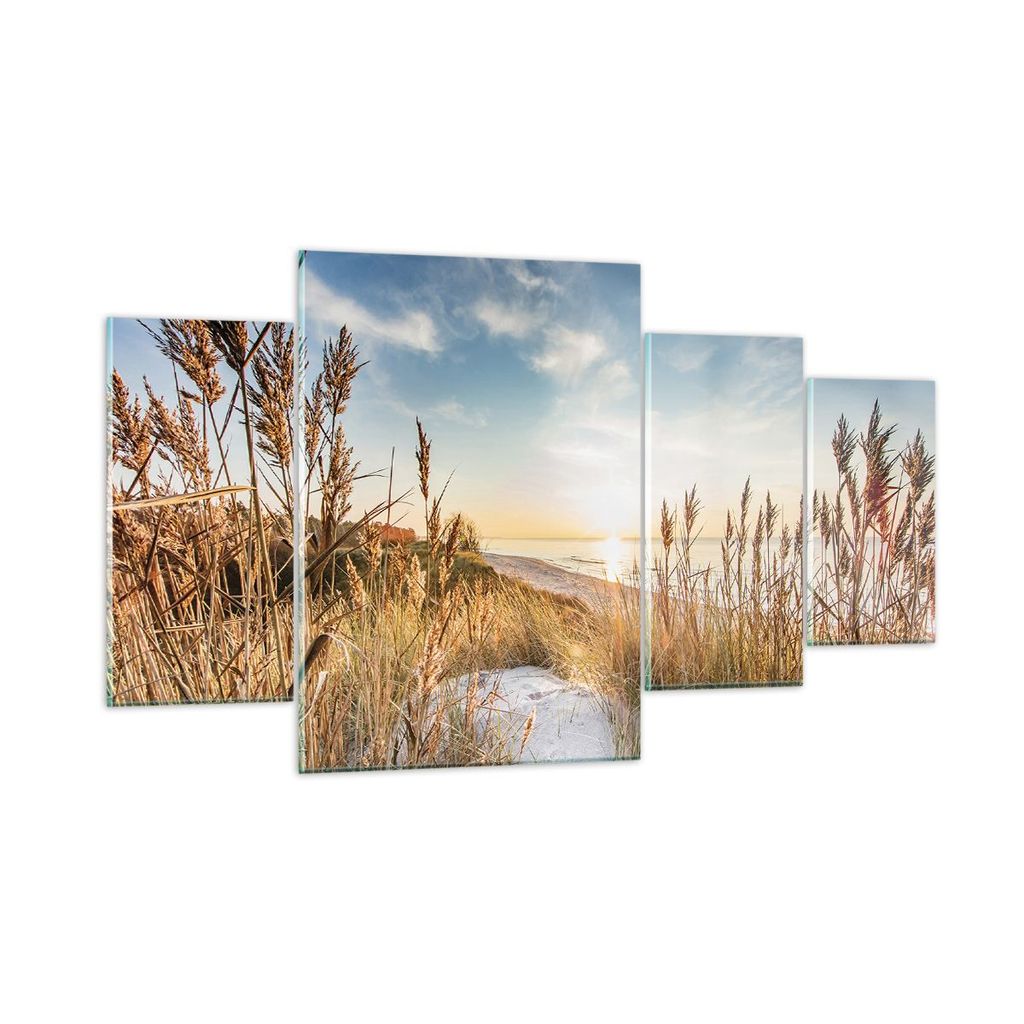 Bilder auf glas - 4 Teile - Ähren Küste Sonne - 160x90cm - Glasbilder - Wandbilder - Bilder - zum Aufhängen bereit - Wanddekoration aus Glas - G...