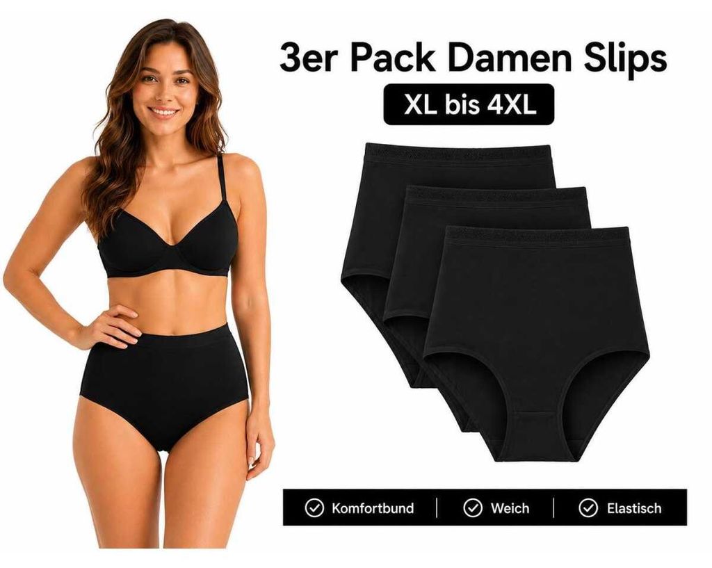 Damen Slips 3er Pack Schwarz XL-4XL High Waist Komfortbund Produktbild 