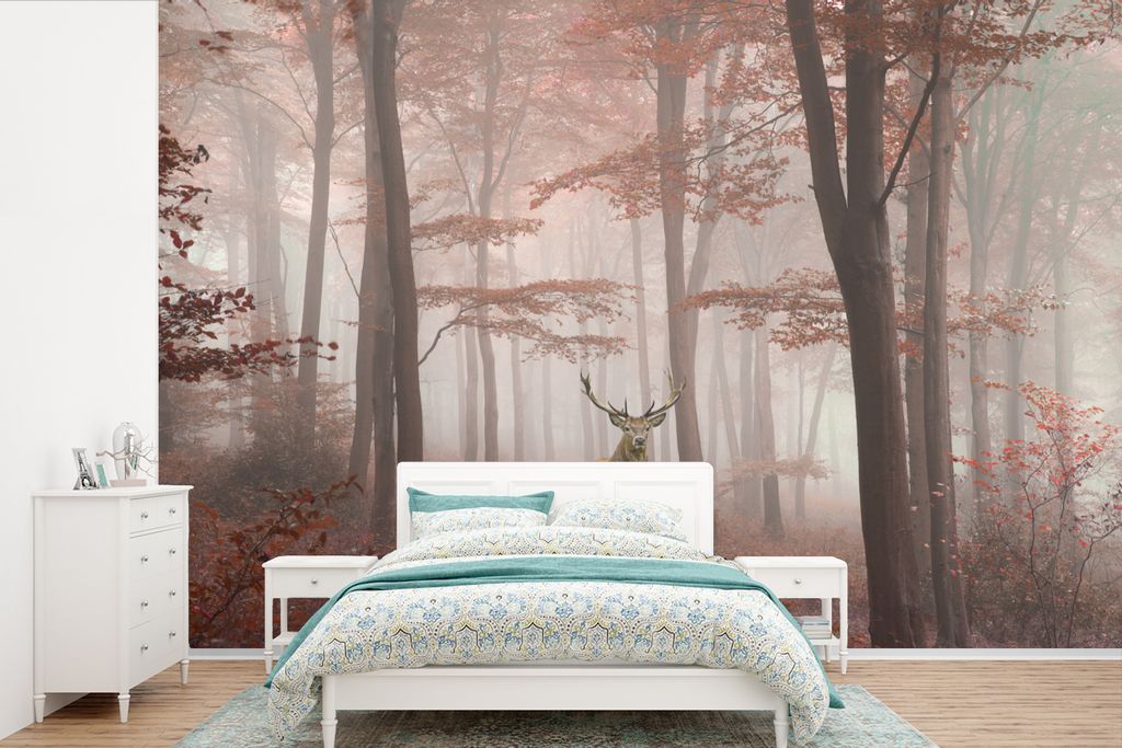 MuchoWow Fototapete für Wohnzimmer oder Schlafzimmer Wandtapete Vinyl Motivtapete Hirsche - Wald - Rot - Herbst - 360x240 cm - Vinyl-Tapete