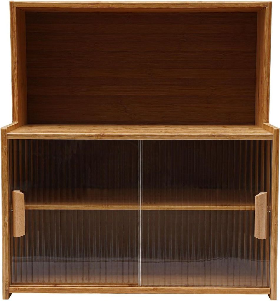 A wooden cabinet with glass doors.