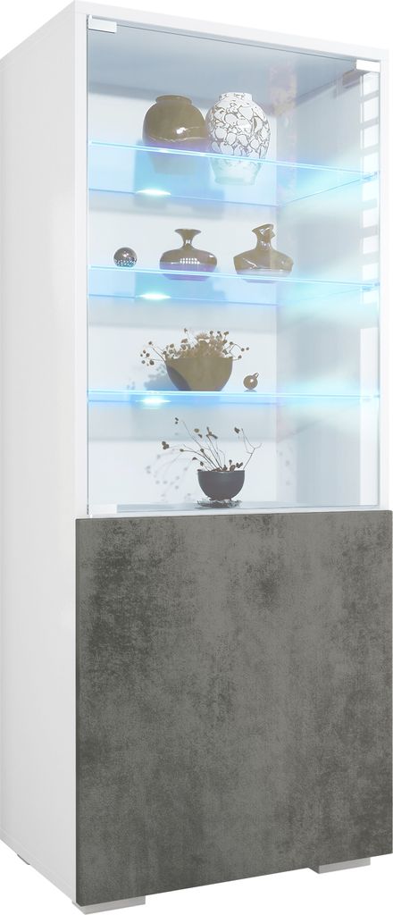 Vladon Vitrine Granada, Germany, Vitrinenschrank mit Glastür und Glaseinsatz inkl. LED, Weiß matt/Beton Dunkel Optik (50 x 122,5 x 34,5 cm)