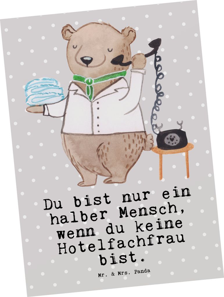 Mr. & Mrs. Panda Postkarte Hotelfachfrau Herz - Grau Pastell - Geschenk, Hoteleröffnung, Ansichtskarte, Fotokarte, Ausbildung, Postkarten, Grußka...
