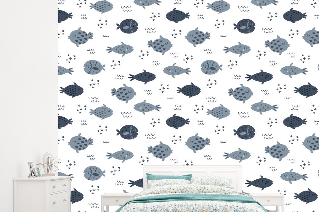 MuchoWow Fototapete für Wohnzimmer oder Schlafzimmer Wandtapete Vinyl Motivtapete Muster - Jungen - Fische - Kinder - 265x240 cm - Zimmer für K...