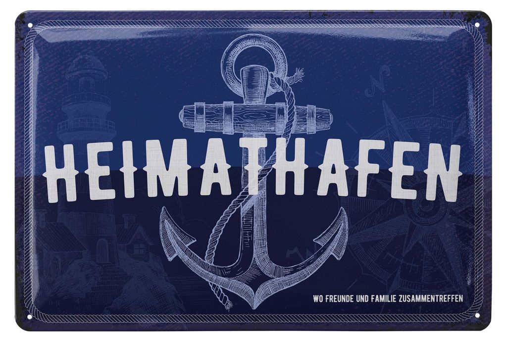 Blechschild retro Heimathafen - maritime Anker Deko für Garten und Küche - Einweihungsgeschenk Wohnung für Freunde und Familie Schild