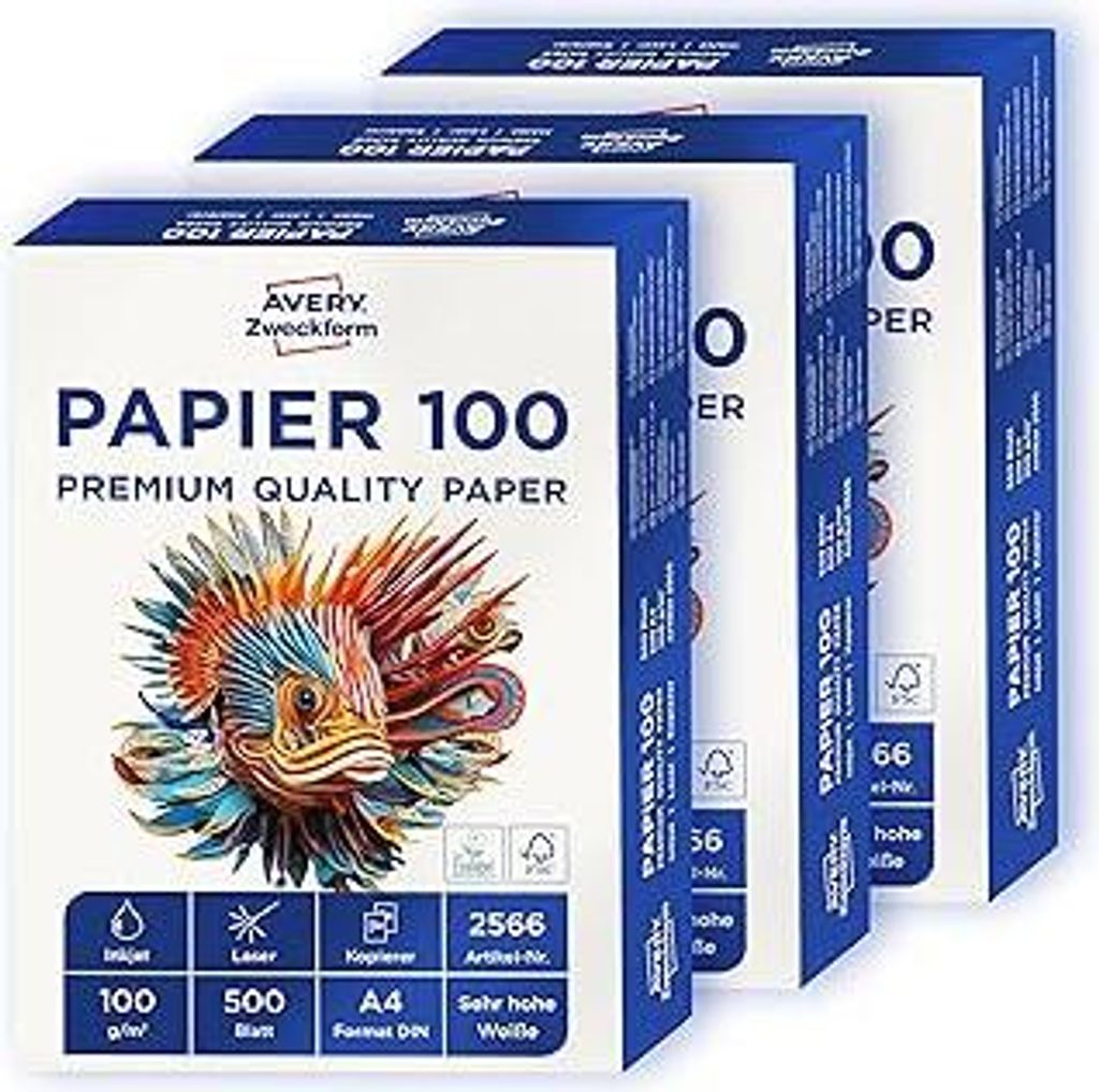 AVERY Zweckform 2566 Drucker-/Kopierpapier (1.500 Blatt, 100 g/m², DIN A4 Papier, hochweiß, für alle Drucker) 1 Box mit 3 Pack