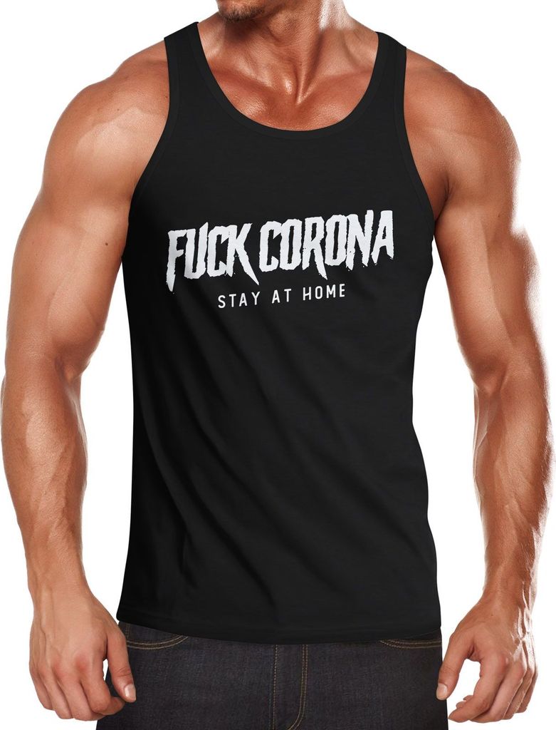 Herren Tanktop Fuck Corona stay at home Statement Botschaft Appell Aufruf Flatten the curve Moonworks schwarz XL