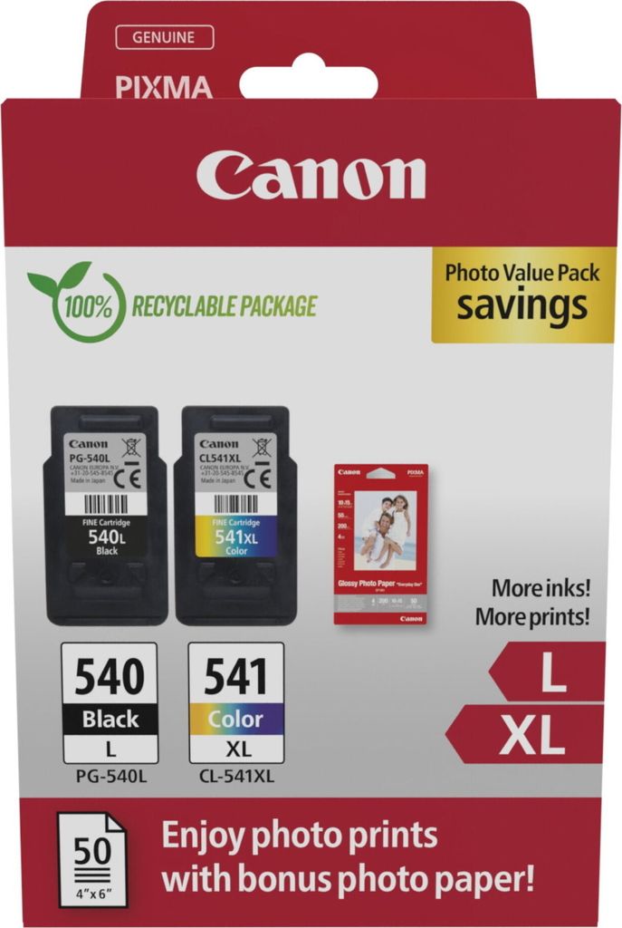 Canon PG-540L + CL-541XL schwarz, color Druckköpfe + Fotopapier, 2er-Set