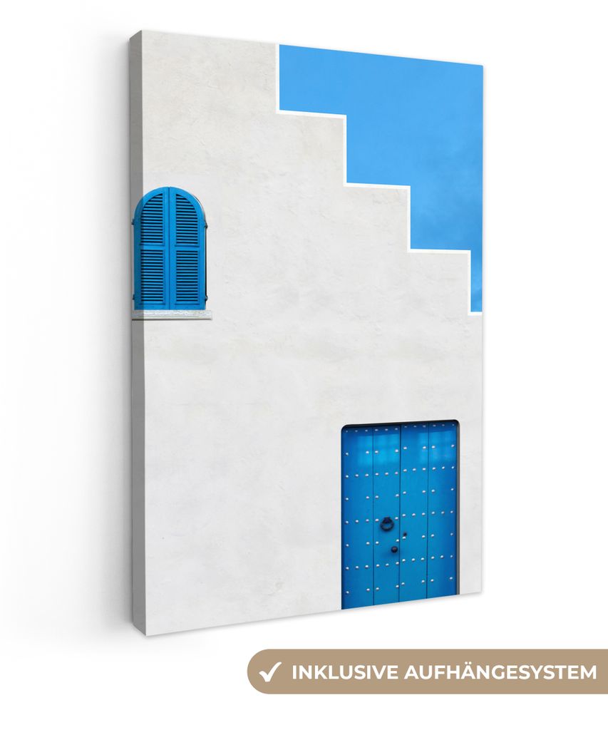 OneMillionCanvasses - Leinwandbilder - 90x140 cm, Haus - Blau - Weiß - Tür, Wandbilder Kunstdruck Wanddekoration - Foto auf Leinwand - Gemälde...