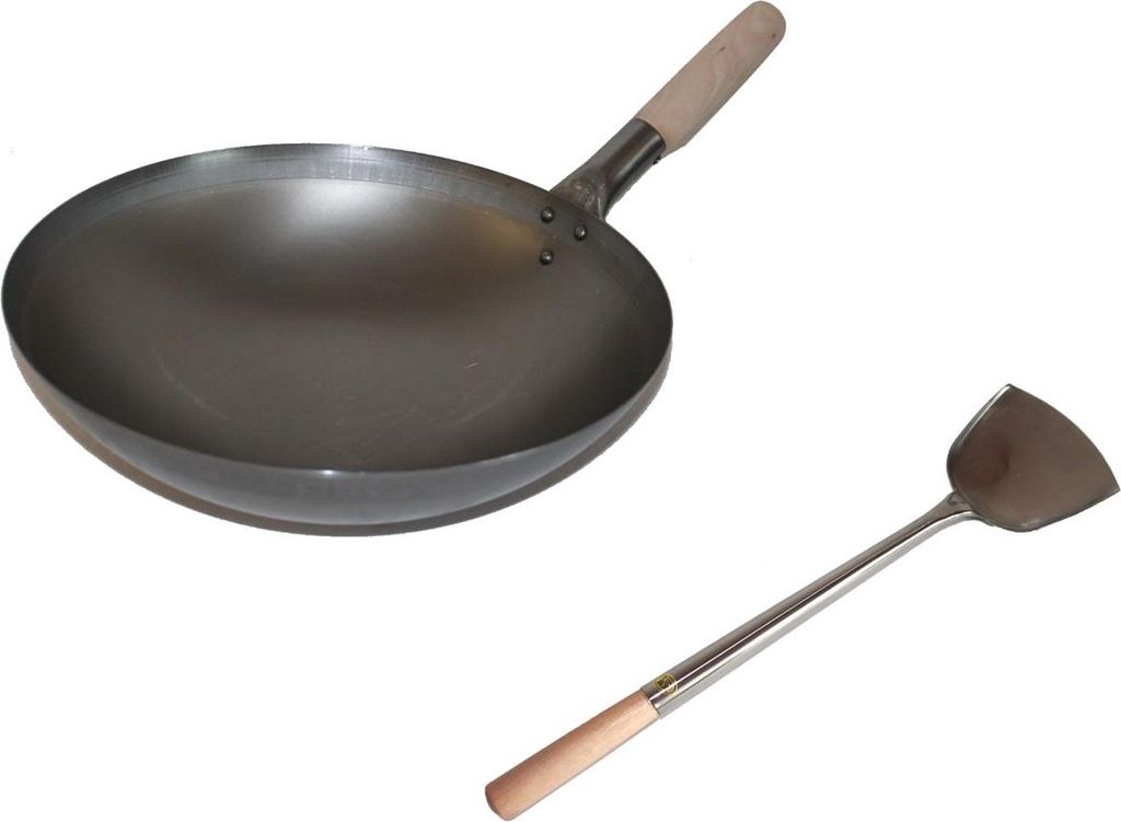 WOK SET, 35RB-S04, Wok Pfanne 35 cm Ø runder Boden Kohlenstoffstahl + Spahtel Edelstahl Größe S - 43 cm lang mit Holzgriff