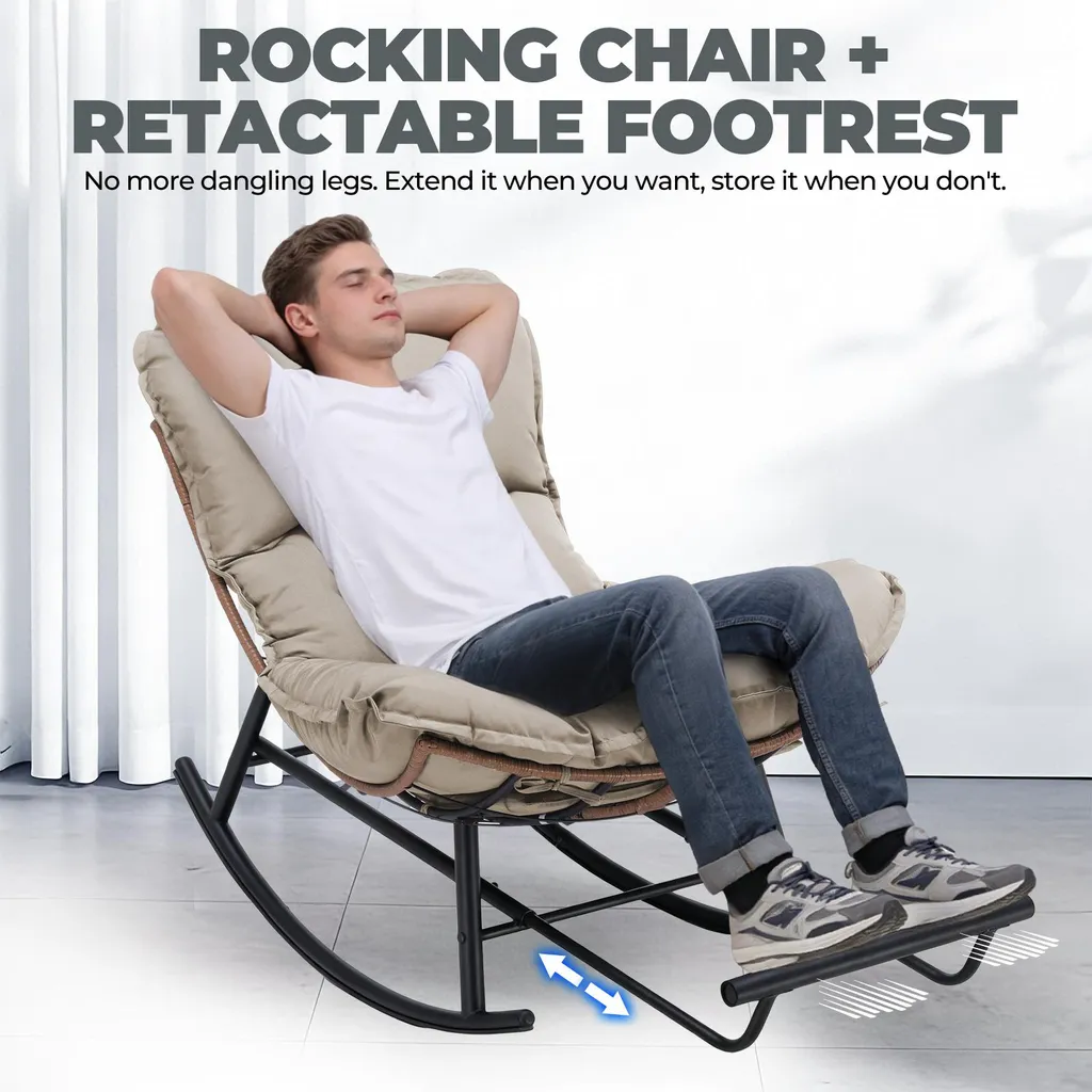 Fauteuil à bascule COMHOMA marron clair avec repose-pieds extensible - 2