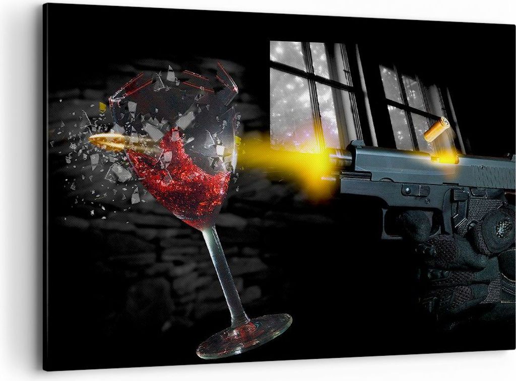 Bild auf Leinwand - Leinwandbild - Waffe Kugel Glas Rebe - 100x70cm - Wand Bild - Wanddeko - Leinwanddruck - Bilder - Kunstdruck - Wanddekoration -...