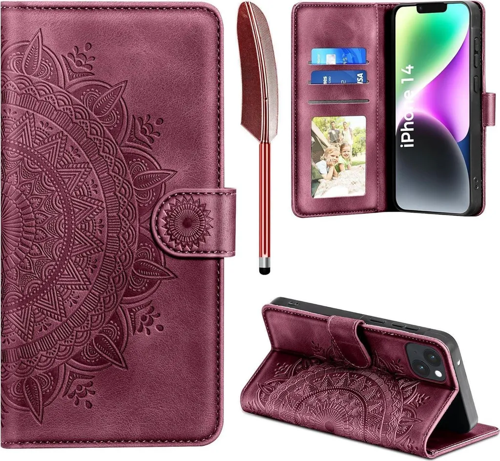 Housse iPhone 14 en cuir rouge vin avec fentes cartes et fonction support