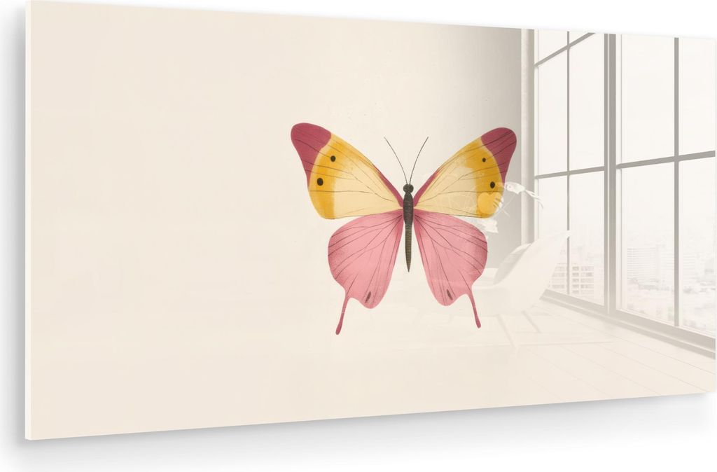 MuchoWow Glasbilder - Bilder auf Wandbild - Foto auf Glas Schmetterling - Illustration - Rosa 120x60 cm Wanddekoration aus Glas - Acrylglasbild - A...