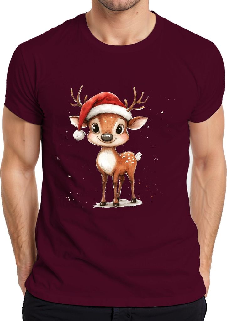 Niedliches Weihnachtsrentier Santa Kinder Geschenk Cartoon Retro Herren T-Shirt, Burgundy, XXL