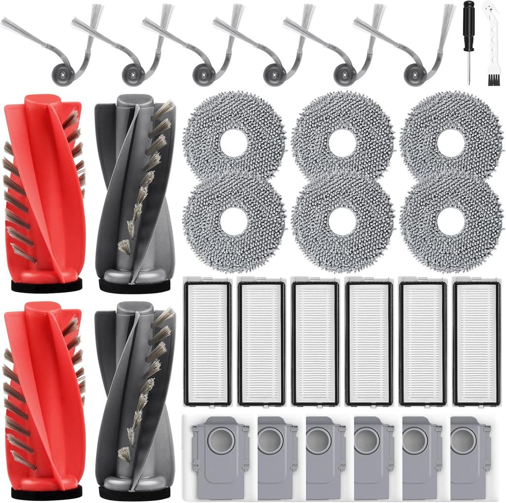 30 Stück Zubehör für Roborock Qrevo Curv, Qrevo Curv S5X, Qrevo Edge S5A & Qrevo S5V Saugroboter | 4 Hauptbürste, 6 Staubbeutel, 6 Filter, 6 Wi...
