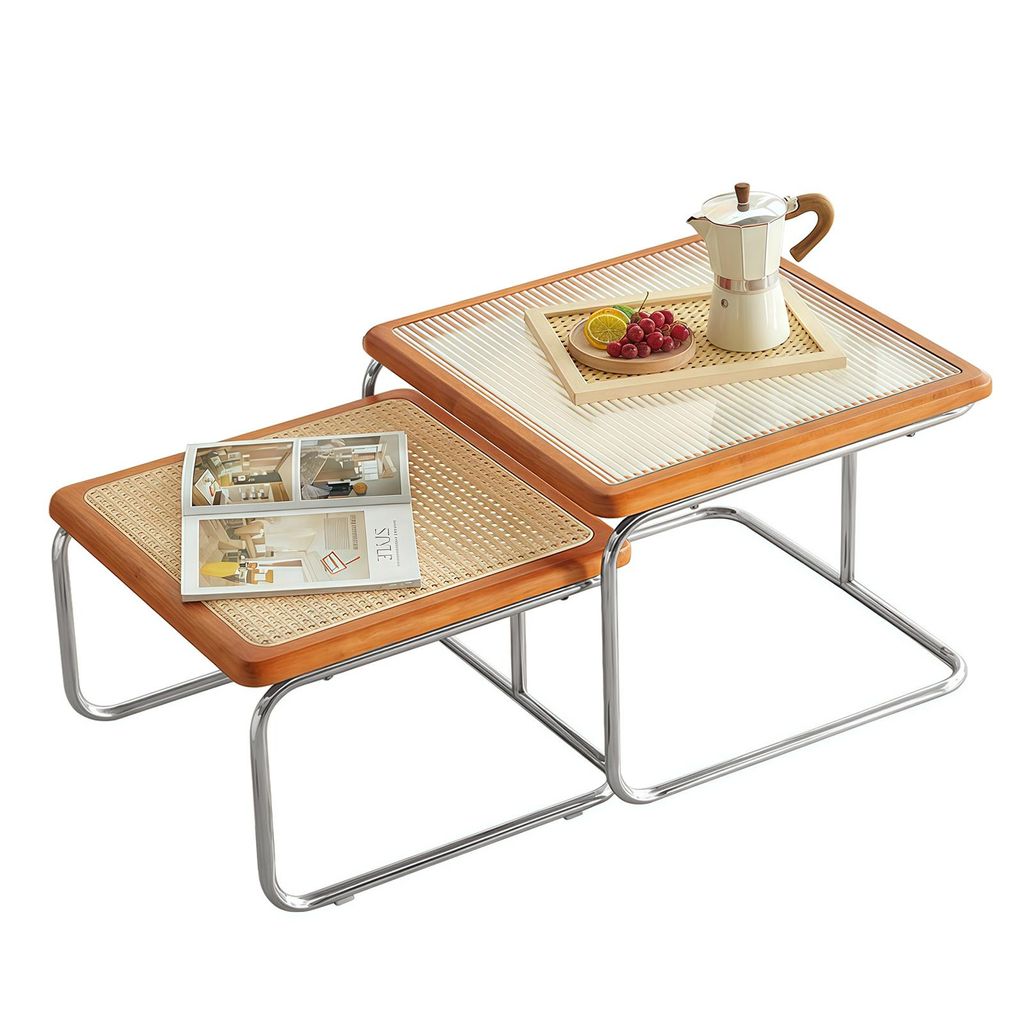 2er Set Satztische, Quadratische Beistelltische mit Rattan Produktbild 