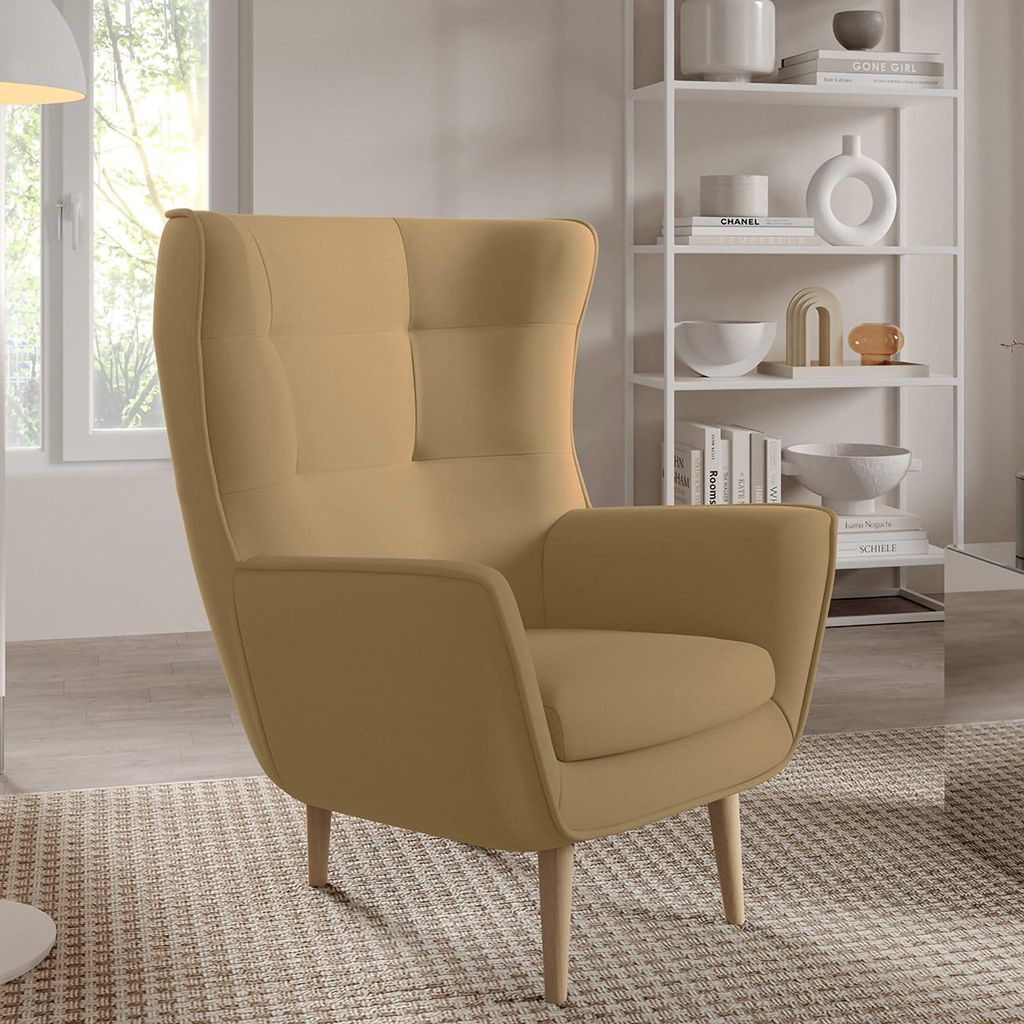 Sessel Franco Polstersessel, Einzelsessel mit Rückenlehne für Wohnzimmer und Esszimmer, bequemer Sessel, naturfarbene Holzbeine – Stoff Castel 48