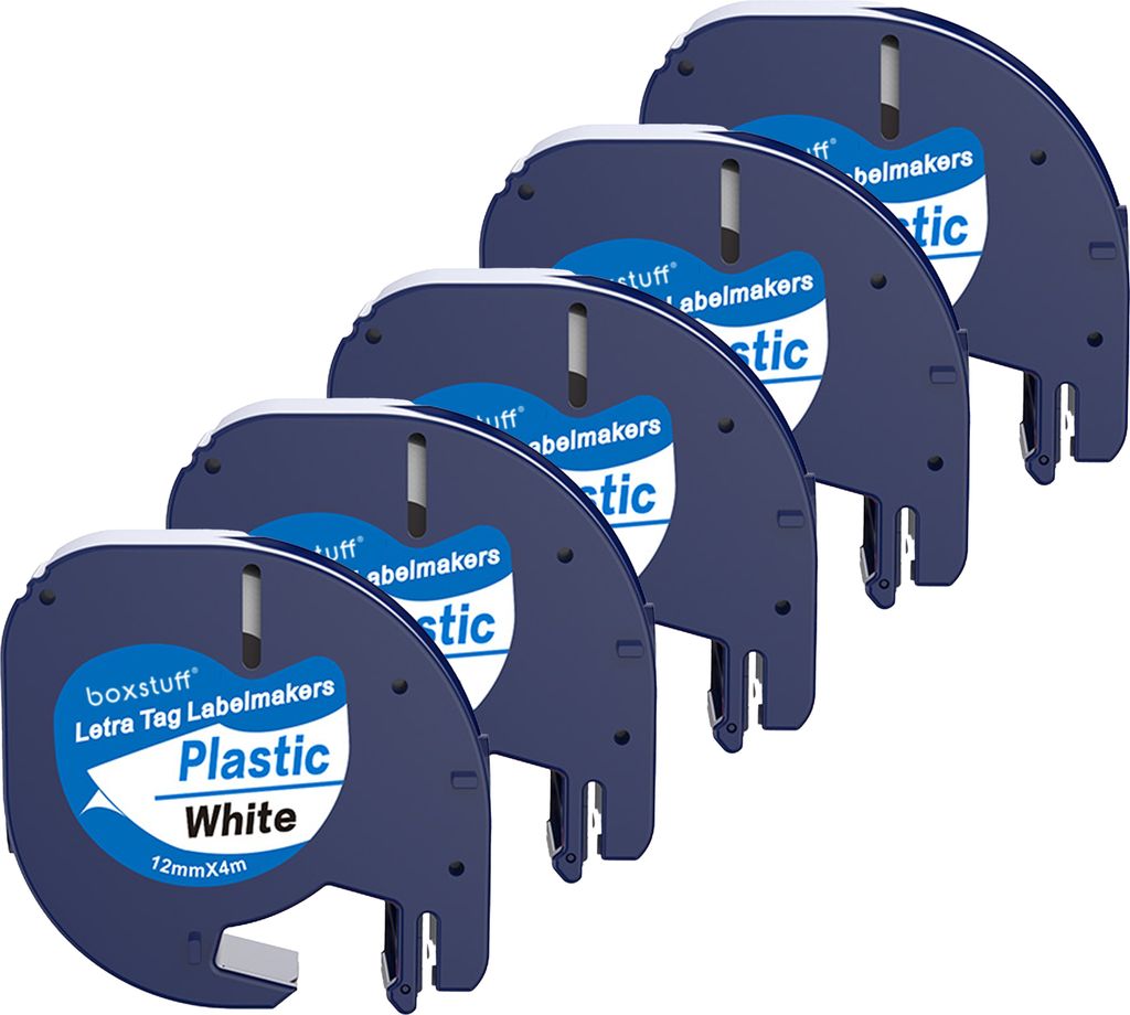 Boxstuff - Dymo LetraTag 91201 - S0721610 - Etikettenband - Schwarz auf weißem Kunststoff - 12 mm x 4 m - 5 Stück