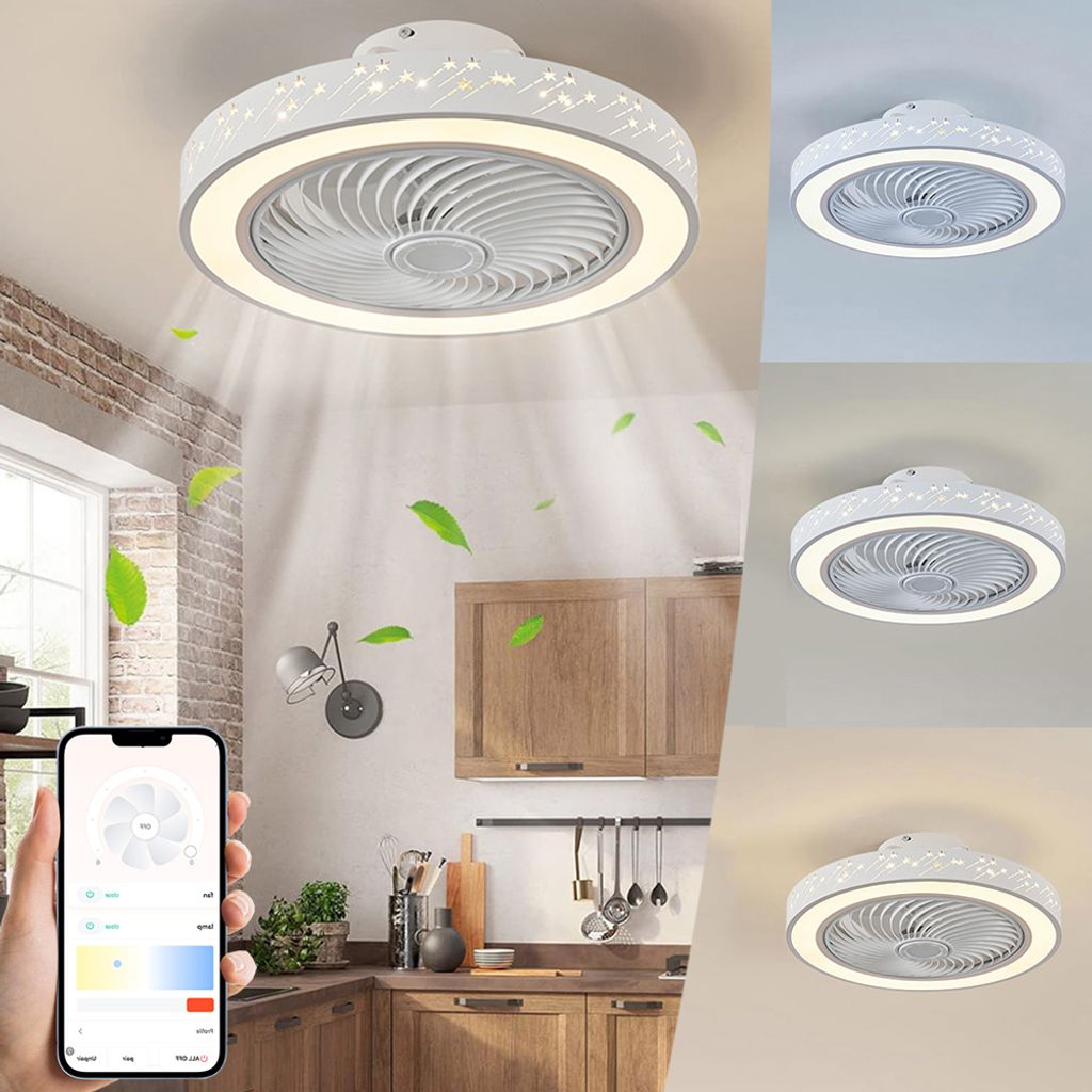 A modern white ceiling fan with integrated LED lighting, shown in a kitchen setting and in several isolated shots with different lighting.