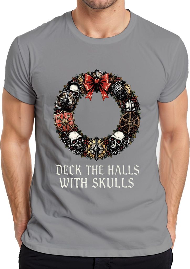 Deck The Halls With Skulls Totenkopf Weihnachtskranz düster Herren T-Shirt, Grau, S