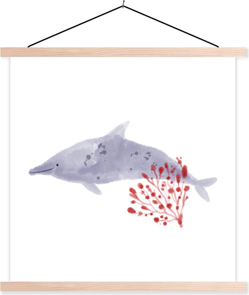 MuchoWow Textilposter Fische - Pflanzen - Meer - Aquarell 40x40 cm mit holzfarbenen Rahmen - Posterleiste