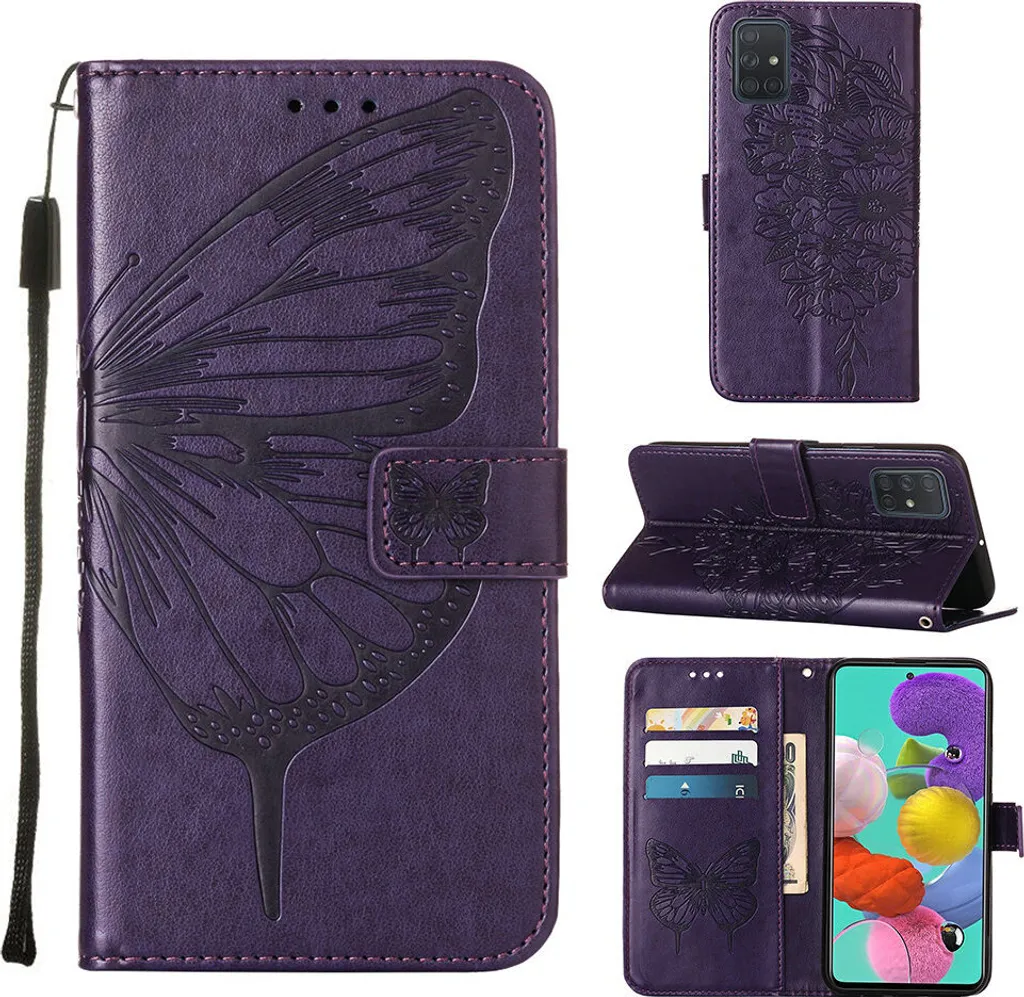 Custodia Galaxy A51 Pelle Viola Farfalla a Rilievo - Protezione Flip Cover