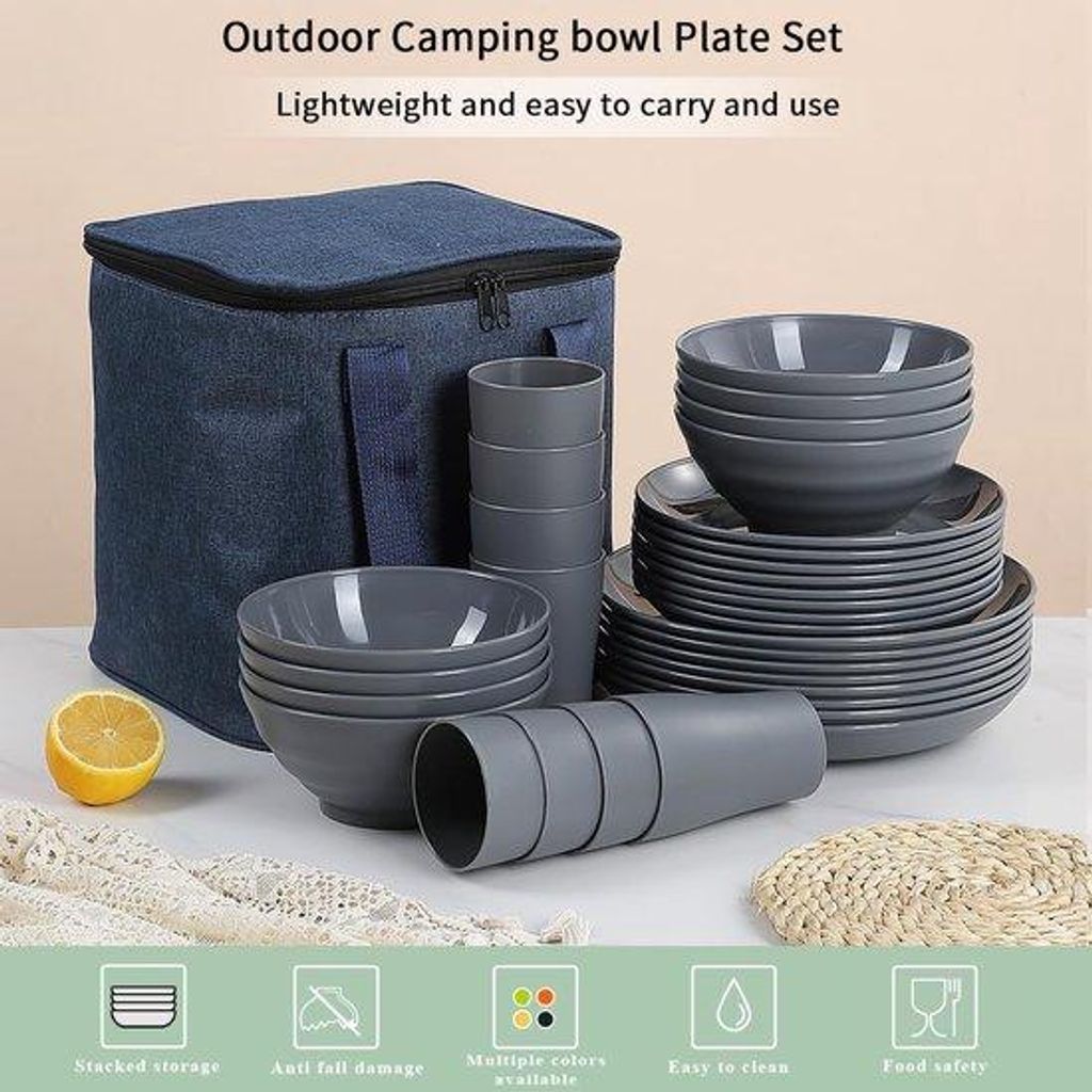 Kunststoff Teller-Set 32-teilig für 8 Personen, leichte, wiederverwendbare Mokken, Tassen, Schalen für Camping, Picknicks und täglichen Gebrauch...