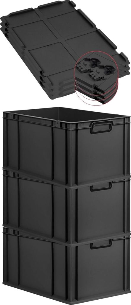 SuperSparSet 3x Eurobox NextGen Color mit Scharnierdeckel und Schiebeschnappverschlüssen | HxBxT 32x40x60cm | 65 Liter | Schwarz | Griffe schwarz ...