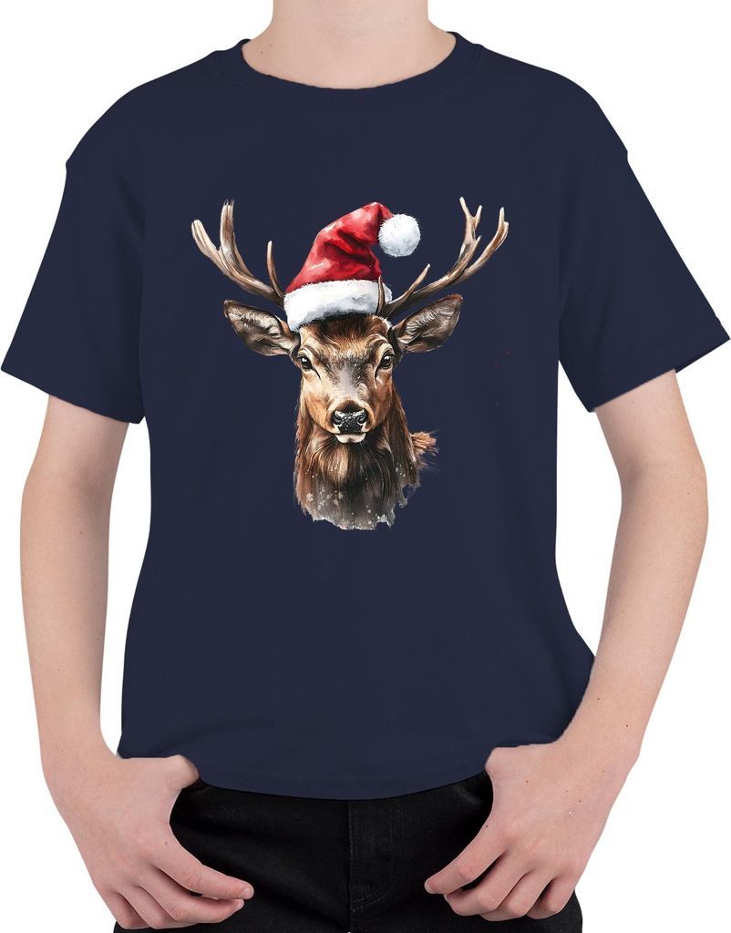 Weihnachtsrentier Geweih Aquarell festlich Vintage Geschenk Uni Kinder T-Shirt, Navy, 116