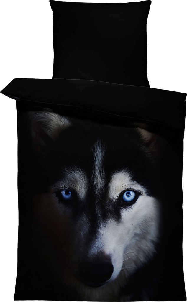 Bettwäsche 135x200 cm und 80x80 cm Mikrofaser Bettbezug Fotodruck modern, Farbe:Wolf schwarz, Größe:4 teilig 135x200 cm