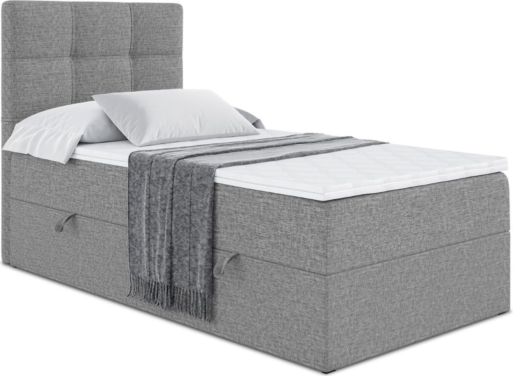ALTDECOR Boxspringbett mit H4 Matratze und Topper - 90x200 cm - MARCE - Grau Gewebe - Links Öffnung - Polsterbett mit Bettkasten und Lattenrost, B...