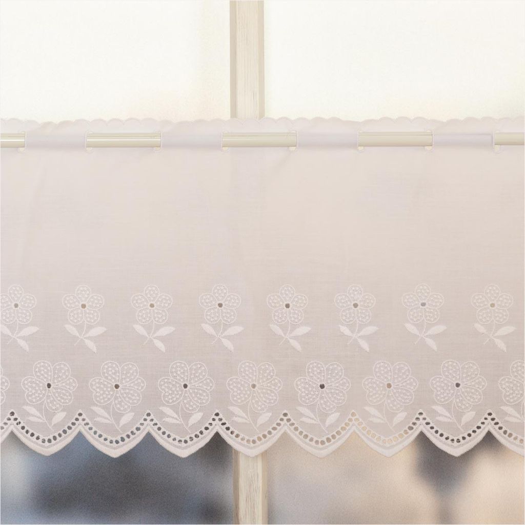 Scheibengardinen Meterware Batist Stickerei Blumen weiß 27cm Höhe