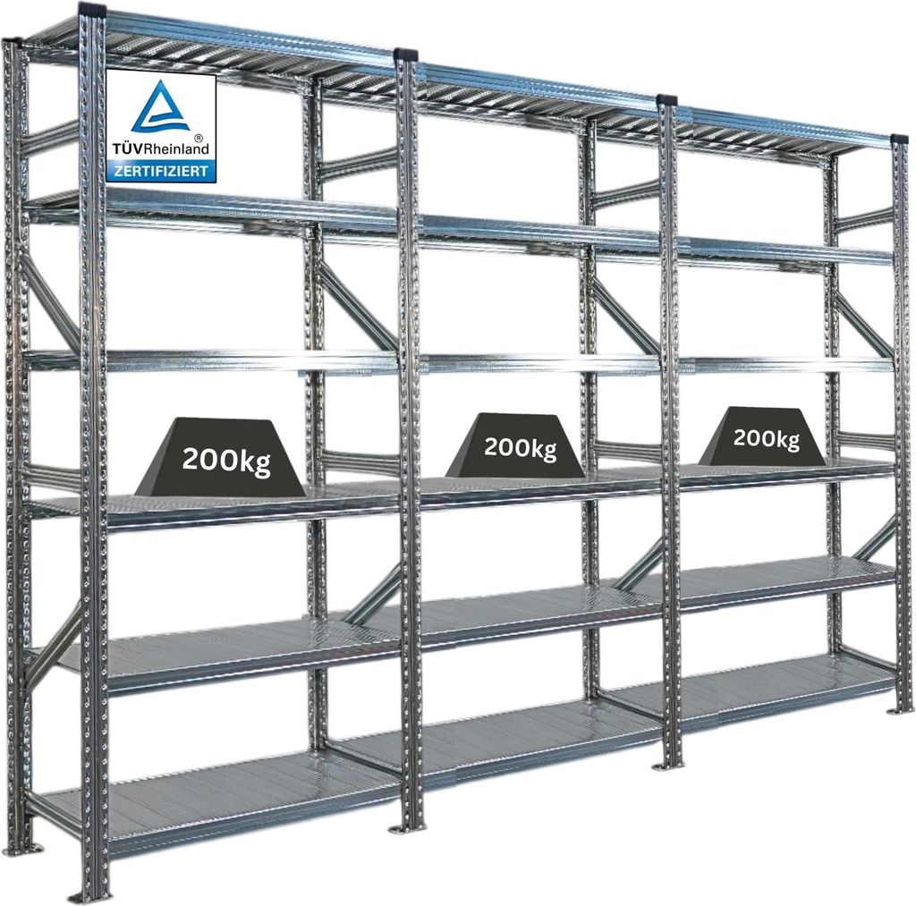 Fachbodenregal PROXIMO mit Stecksystem | Komplettregal | HxBxT 210x270x40cm | 6 Ebenen | Beidseitig nutzbar | Verzinkt