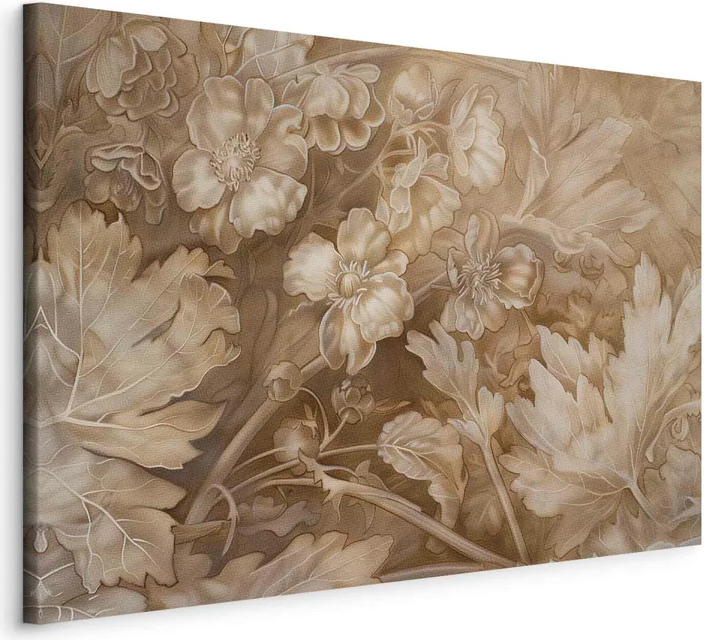 Quadro su tela italiano - Ornamenti floreali intagliati in delicate sfumature seppia e marrone 60x40 cm Fiori b-H-10015-b-a