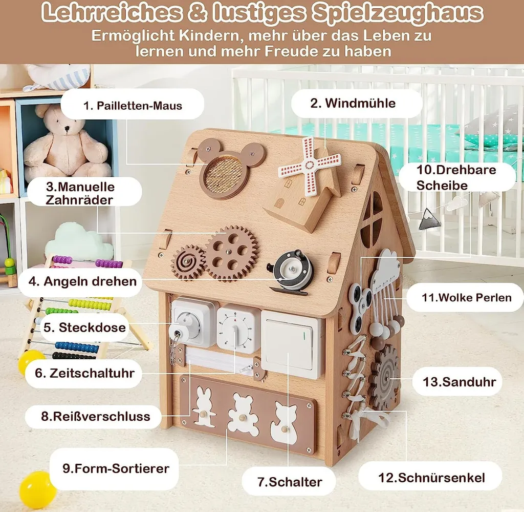 Cabane Montessori en Bois avec Cube d'Activité Sensoriel et Rangement
